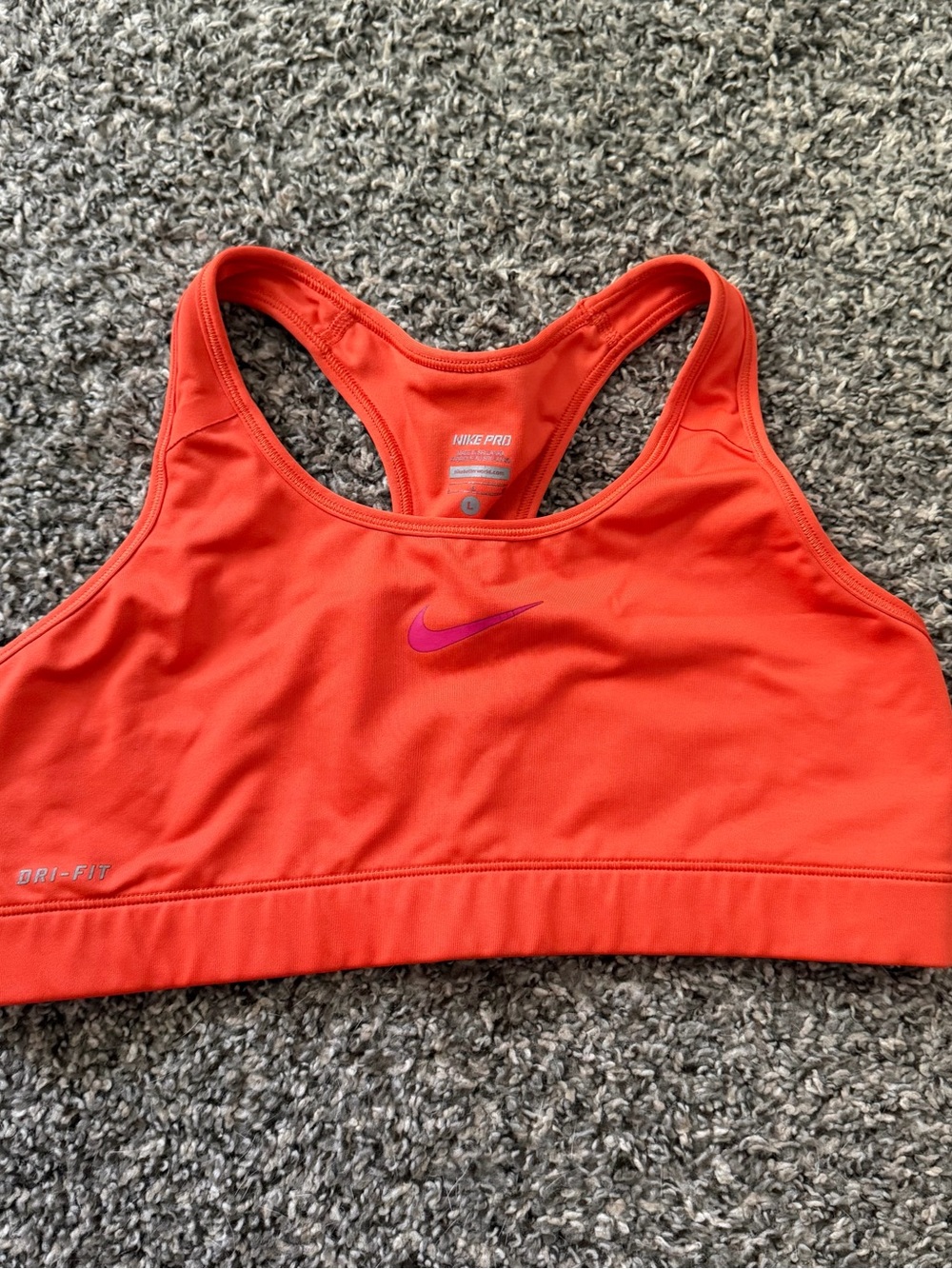 Nike Women's Dri-FIT Racerback Sports Bra - Bright Coral with Pink Swoosh